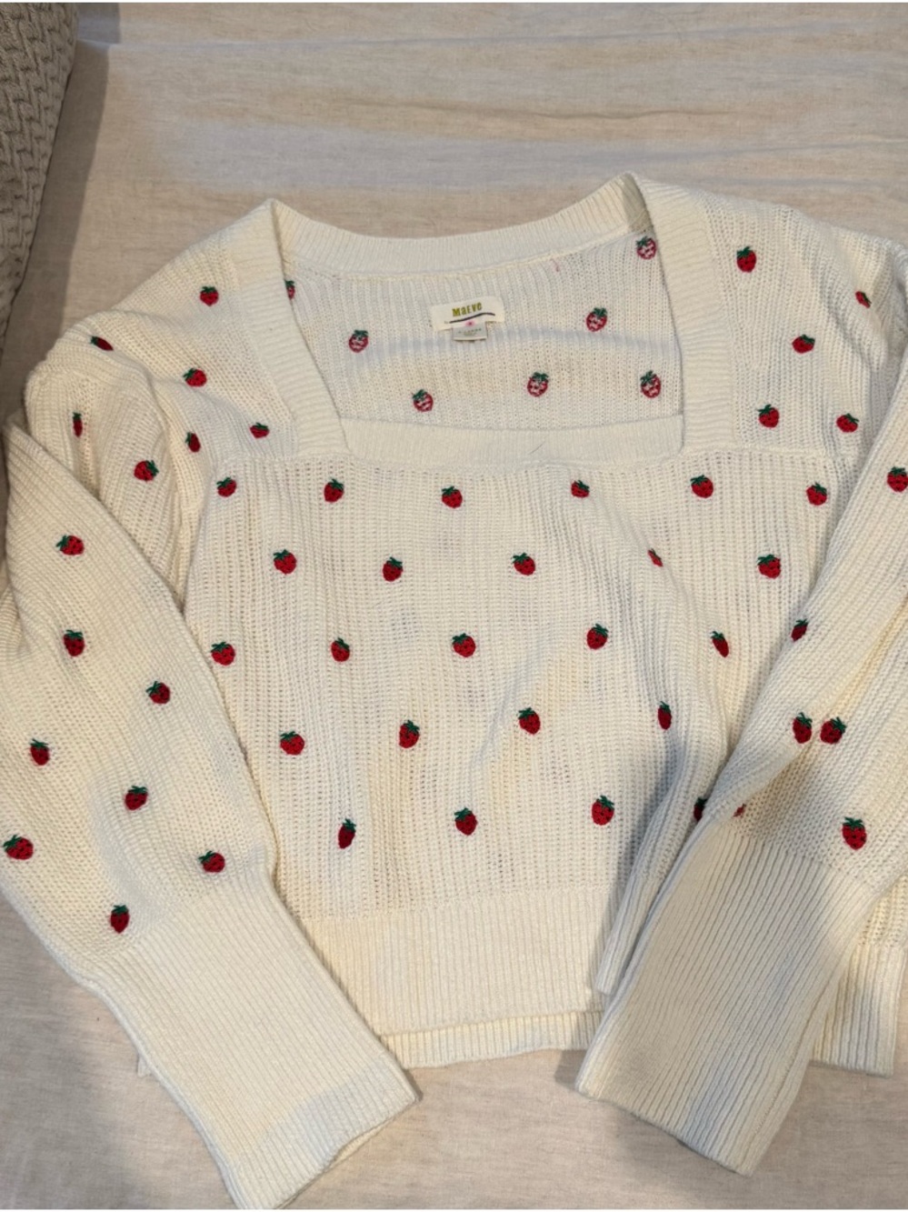 Never worn Maeve Cream Sweater with Red Strawberry Embroidery